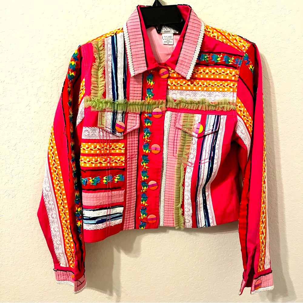 Minnie's Closet Large Pink Patchwork Jacket Blazer Designs Vtg Tapestry Green